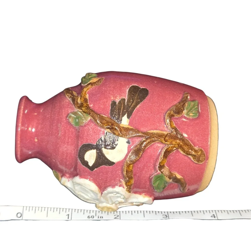 Judy Jones Pottery VTG Dogwood & Chickadee Bud Vase Signed Small‎ Pink 2002 EUC!